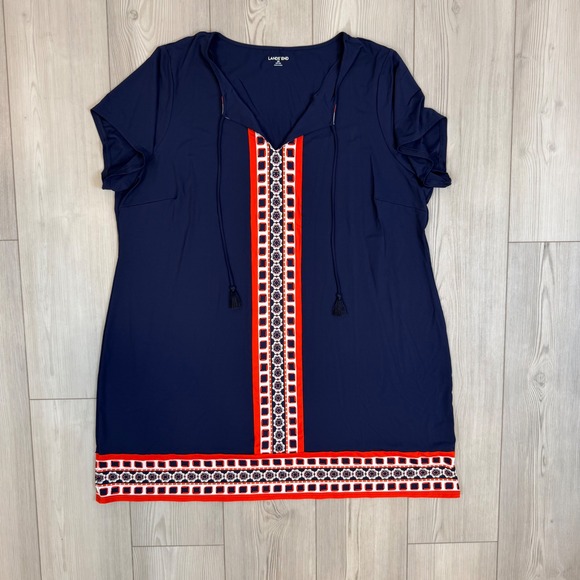 Lands' End Other - Lands' End Navy Blue Swim Tunic Cover-Up Red Geometric Border Tassels 2X 20W-22W